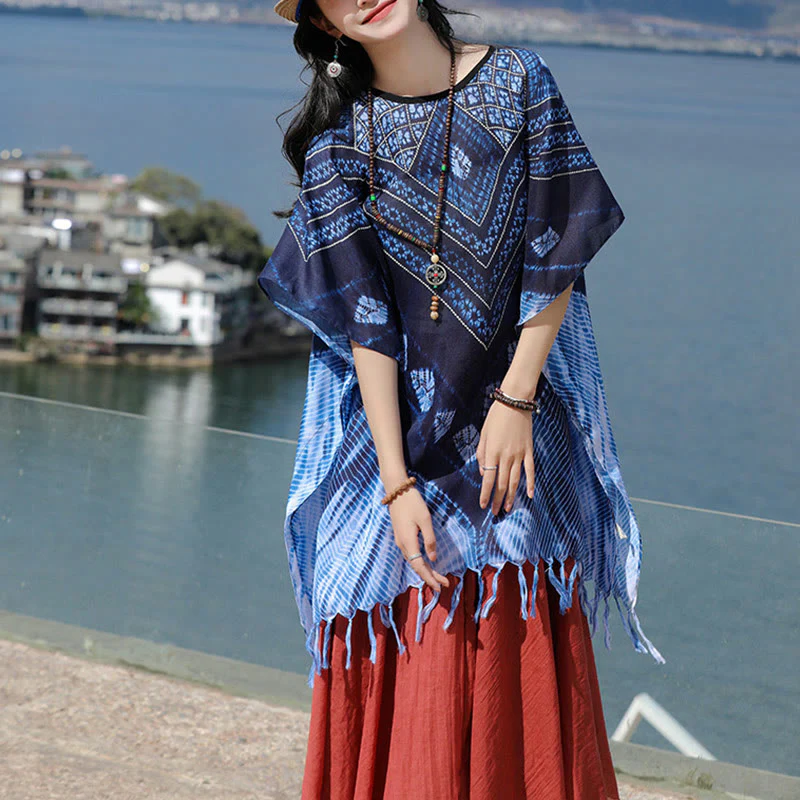 Scialle batik a strisce triangolari blu Buddha Stones , morbido pullover 90*95cm - Image 7