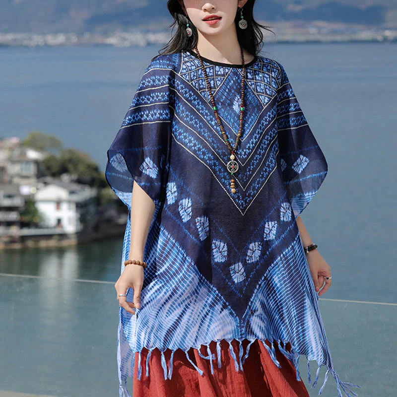 Scialle batik a strisce triangolari blu Buddha Stones , morbido pullover 90*95cm - Image 9