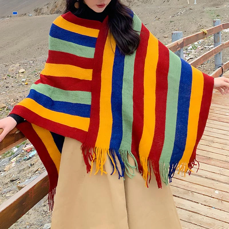 Scialle con nappe, pullover invernale, sciarpa da viaggio avvolgente, motivo a strisce colorate tibetane , Buddha Stones