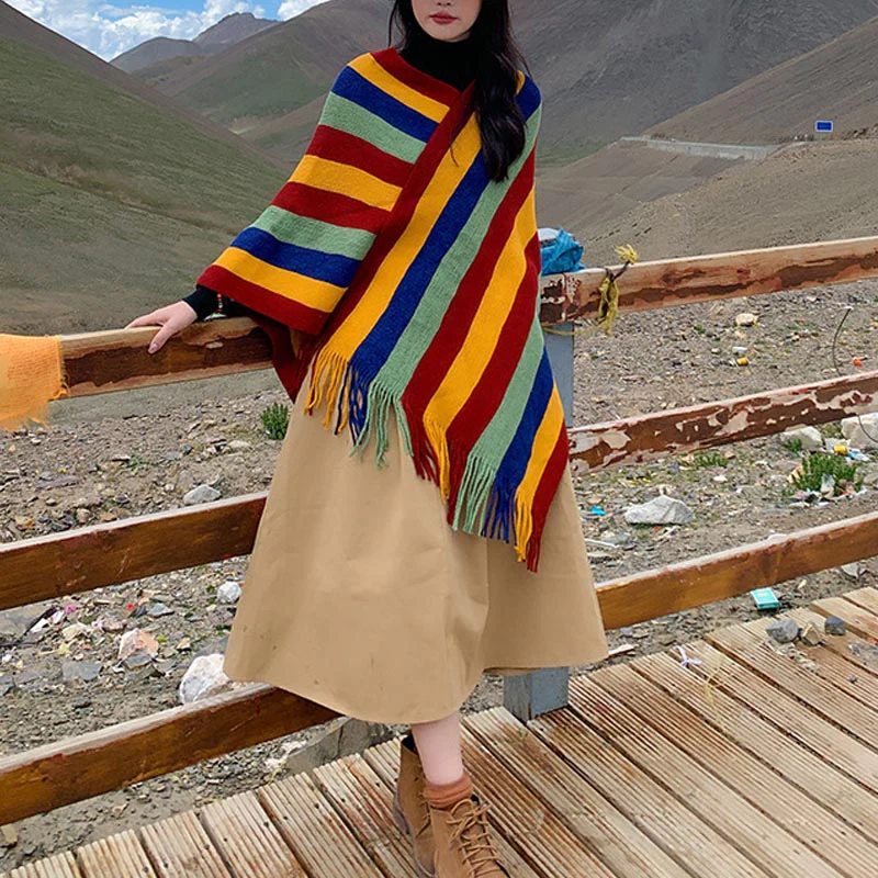 Scialle con nappe, pullover invernale, sciarpa da viaggio avvolgente, motivo a strisce colorate tibetane , Buddha Stones - Image 12