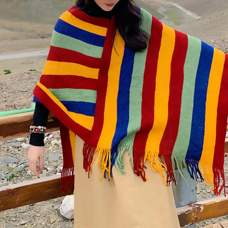 Scialle con nappe, pullover invernale, sciarpa da viaggio avvolgente, motivo a strisce colorate tibetane , Buddha Stones - Image 3