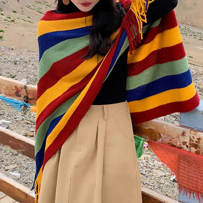 Scialle con nappe, pullover invernale, sciarpa da viaggio avvolgente, motivo a strisce colorate tibetane , Buddha Stones - Image 4