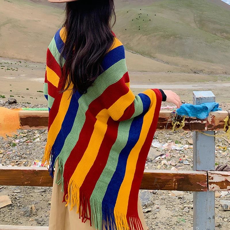 Scialle con nappe, pullover invernale, sciarpa da viaggio avvolgente, motivo a strisce colorate tibetane , Buddha Stones - Image 6