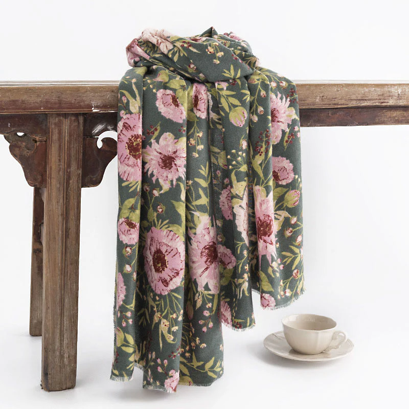 Scialle tibetano con Buddha Stones, fiori che sbocciano, foglie rigogliose, stampa autunnale, invernale, morbido e caldo