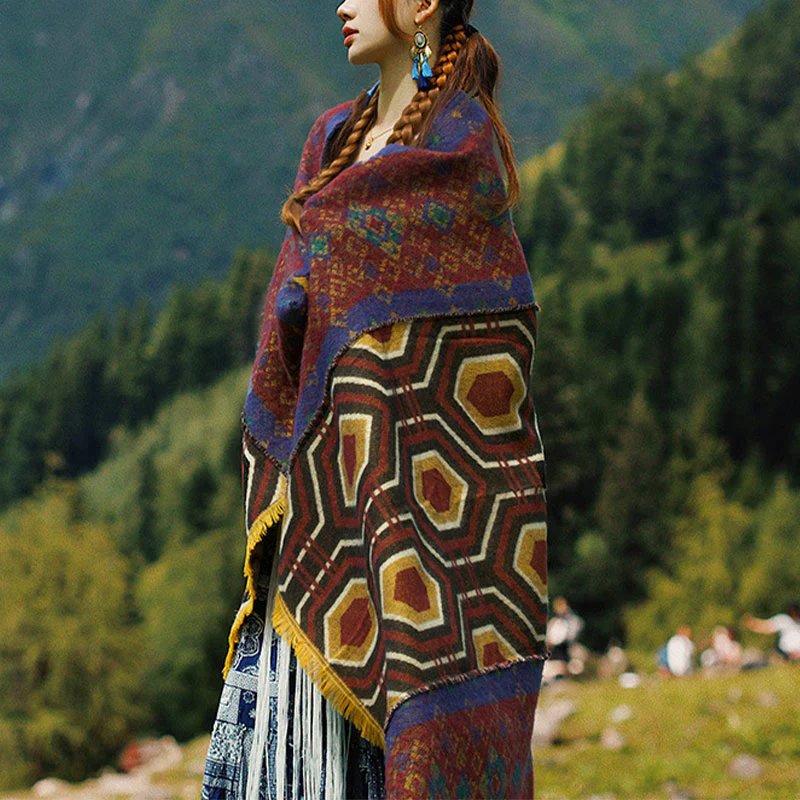 Scialle tibetano con Buddha Stones , marrone, blu, rosso, motivo geometrico, invernale, comodo, da viaggio