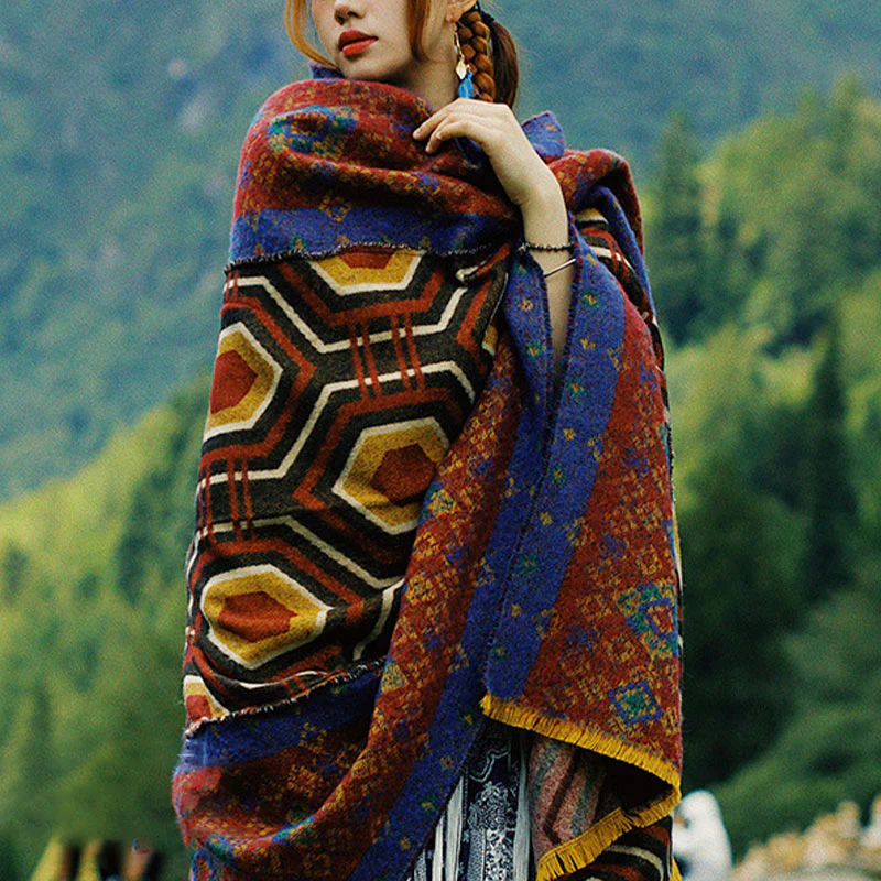 Scialle tibetano con Buddha Stones , marrone, blu, rosso, motivo geometrico, invernale, comodo, da viaggio - Image 4