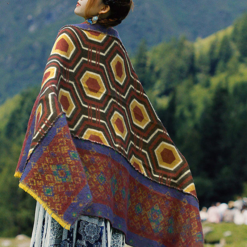 Scialle tibetano con Buddha Stones , marrone, blu, rosso, motivo geometrico, invernale, comodo, da viaggio - Image 5