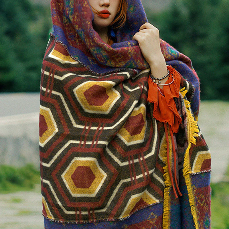Scialle tibetano con Buddha Stones , marrone, blu, rosso, motivo geometrico, invernale, comodo, da viaggio - Image 6