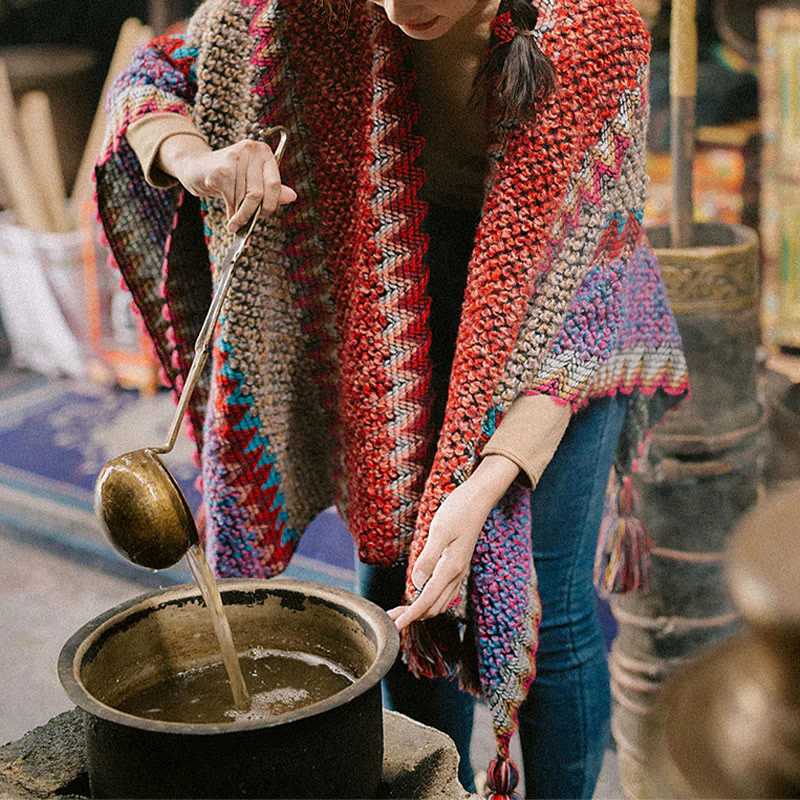 Scialle tibetano Buddha Stones , mantello caldo, sciarpa tibetana con nappe - Image 9