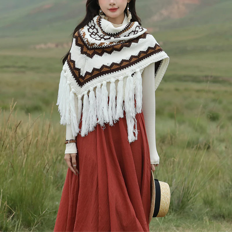 Scialle triangolare tibetano con Buddha Stones e nappe a righe, sciarpa da viaggio invernale e accogliente