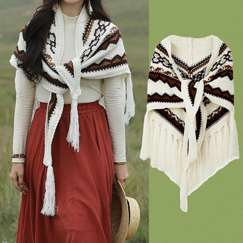 Scialle triangolare tibetano con Buddha Stones e nappe a righe, sciarpa da viaggio invernale e accogliente - Image 11