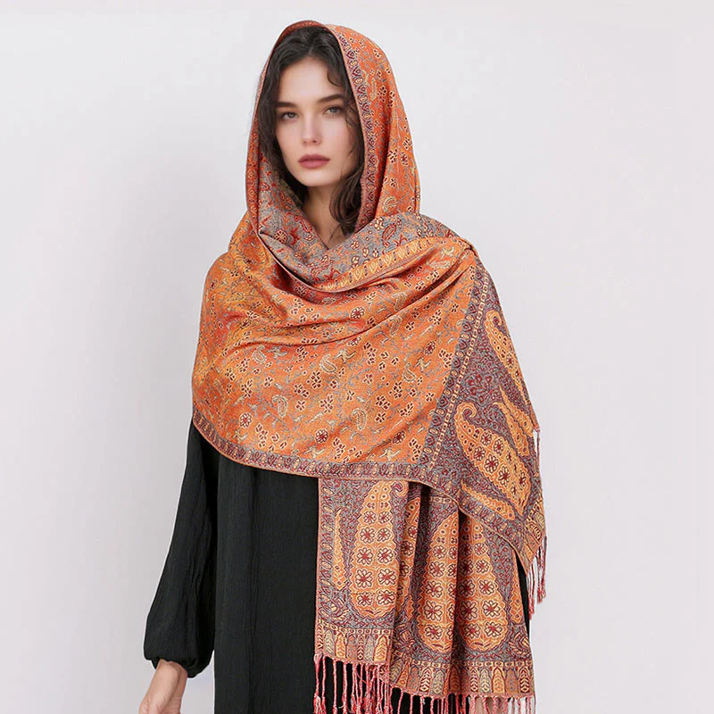 Sciarpa scialle con nappa e motivo floreale in jacquard paisley tibetano Buddha Stones - Image 11
