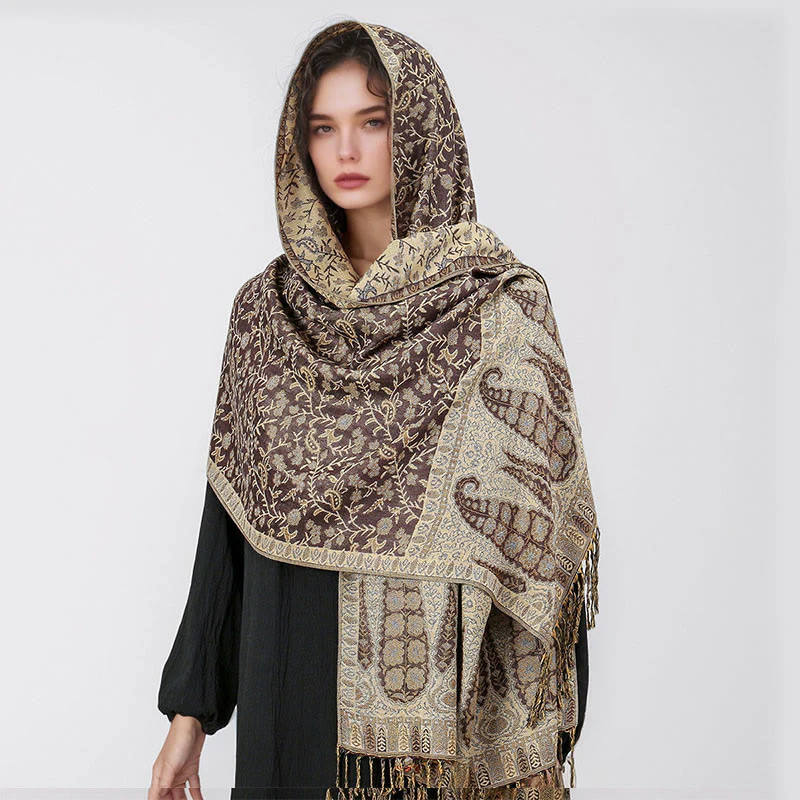 Sciarpa scialle con nappa e motivo floreale in jacquard paisley tibetano Buddha Stones - Image 15
