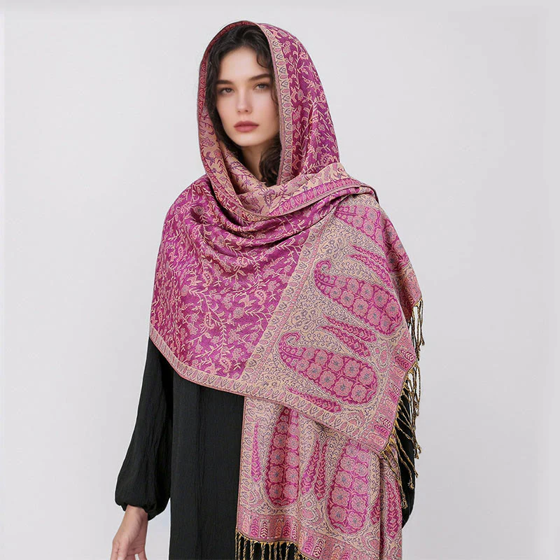 Sciarpa scialle con nappa e motivo floreale in jacquard paisley tibetano Buddha Stones - Image 17