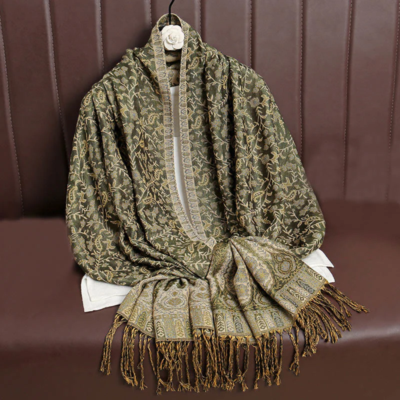 Sciarpa scialle con nappa e motivo floreale in jacquard paisley tibetano Buddha Stones - Image 18
