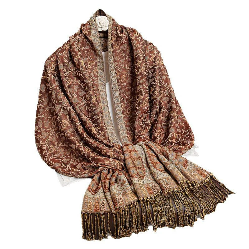 Sciarpa scialle con nappa e motivo floreale in jacquard paisley tibetano Buddha Stones - Image 20