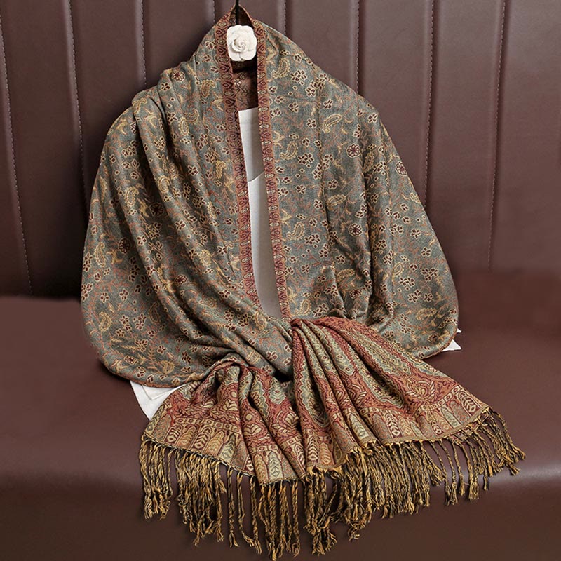 Sciarpa scialle con nappa e motivo floreale in jacquard paisley tibetano Buddha Stones - Image 24