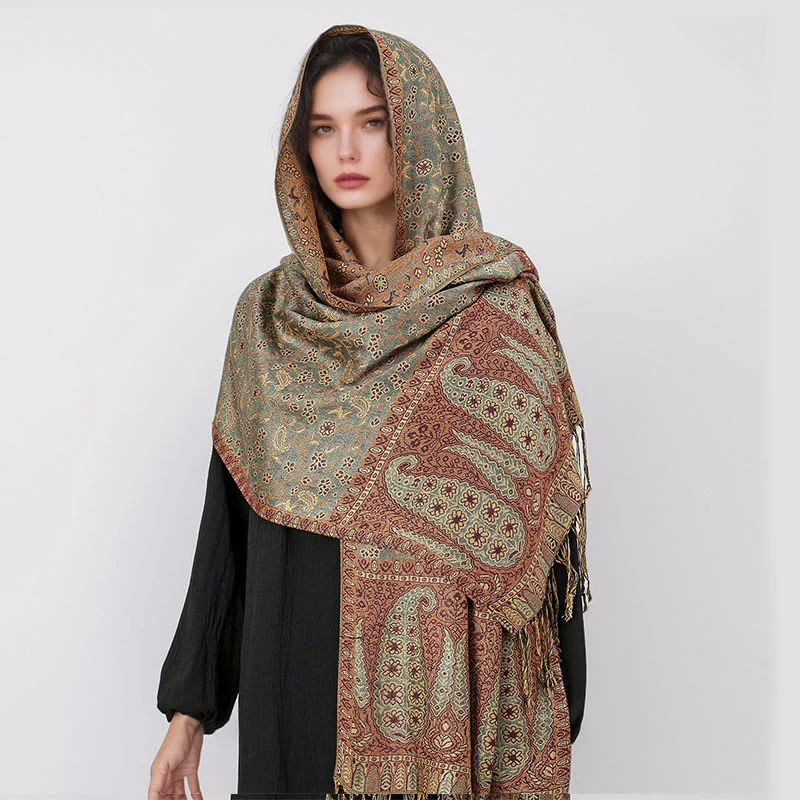 Sciarpa scialle con nappa e motivo floreale in jacquard paisley tibetano Buddha Stones - Image 25