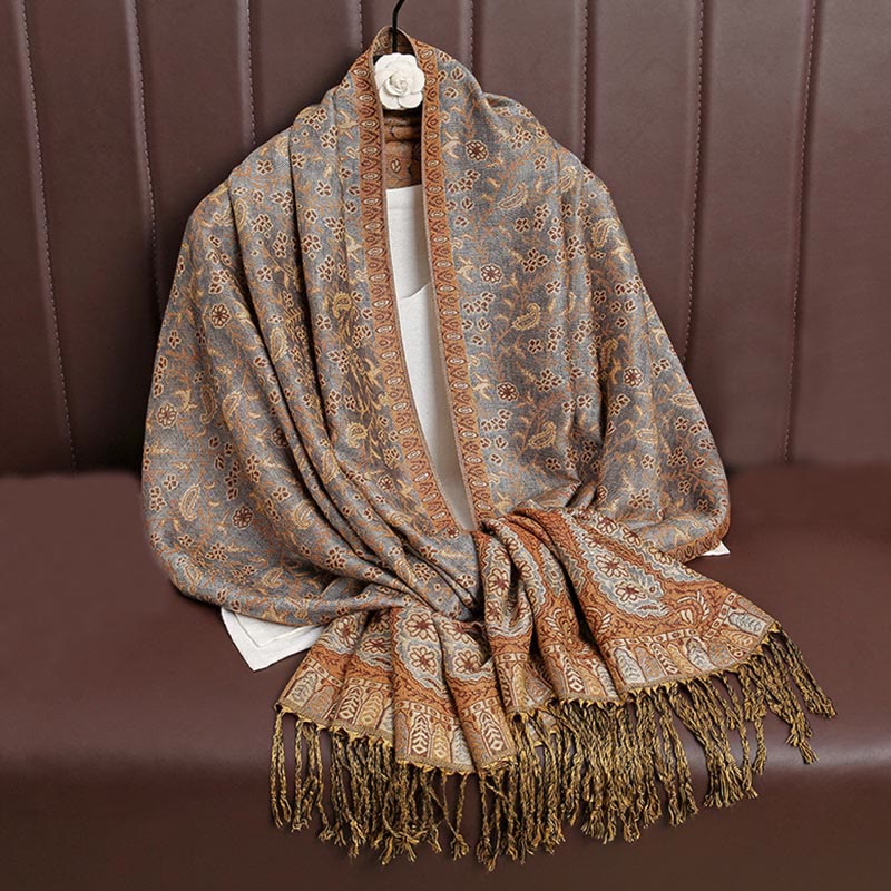 Sciarpa scialle con nappa e motivo floreale in jacquard paisley tibetano Buddha Stones - Image 26