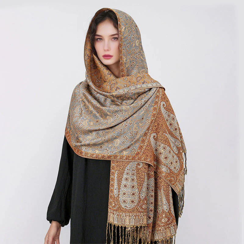 Sciarpa scialle con nappa e motivo floreale in jacquard paisley tibetano Buddha Stones - Image 27