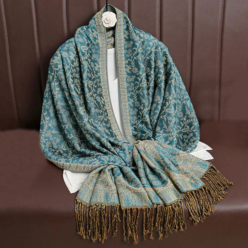 Sciarpa scialle con nappa e motivo floreale in jacquard paisley tibetano Buddha Stones - Image 30
