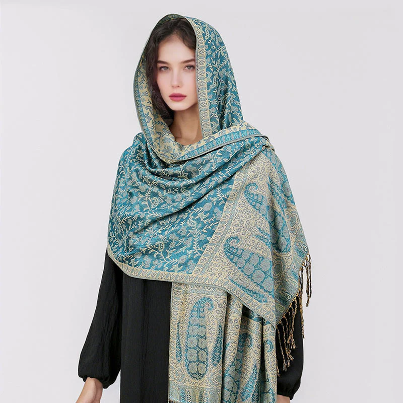 Sciarpa scialle con nappa e motivo floreale in jacquard paisley tibetano Buddha Stones - Image 31