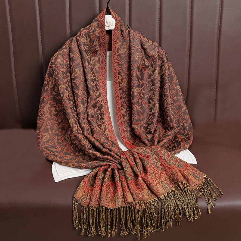 Sciarpa scialle con nappa e motivo floreale in jacquard paisley tibetano Buddha Stones - Image 34