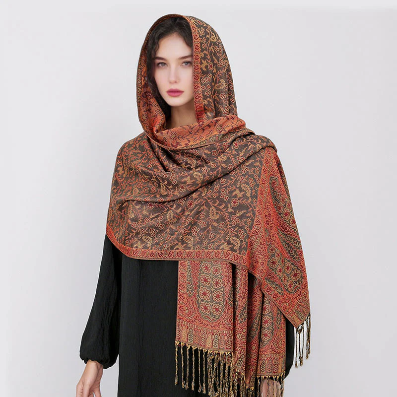 Sciarpa scialle con nappa e motivo floreale in jacquard paisley tibetano Buddha Stones - Image 35