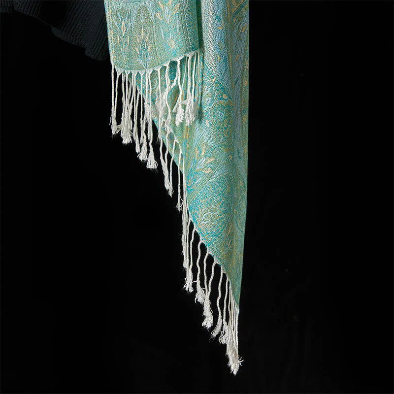Sciarpa scialle con nappa e motivo geometrico jacquard, motivo a fiore di anacardio verde primavera di Buddha Stones - Image 6
