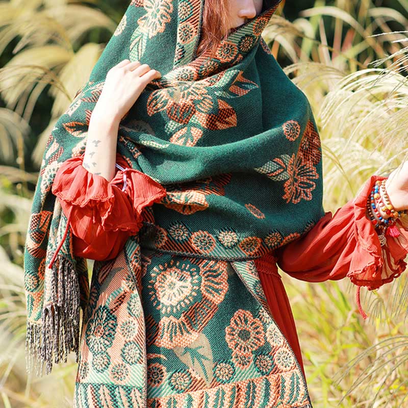Sciarpa termica morbida con motivo etnico Buddha Stones jacquard e piante, motivo nappa, scialle - Image 32