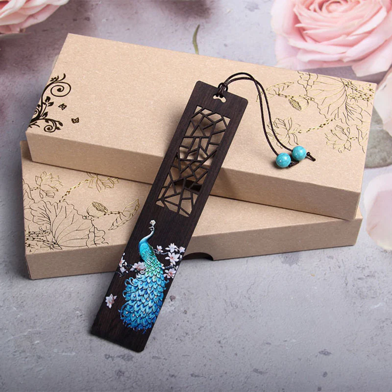 Segnalibri in legno di ebano con pavone blu Buddha Stones con scatola regalo - Image 3