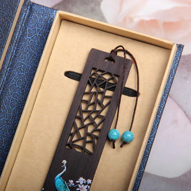 Segnalibri in legno di ebano con pavone blu Buddha Stones con scatola regalo - Image 6