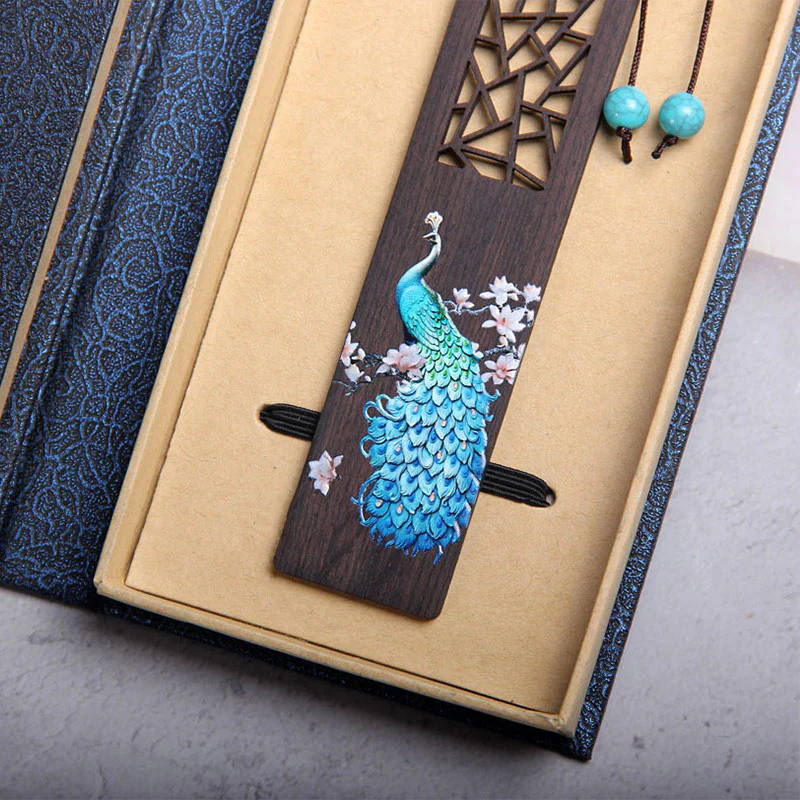 Segnalibri in legno di ebano con pavone blu Buddha Stones con scatola regalo - Image 7
