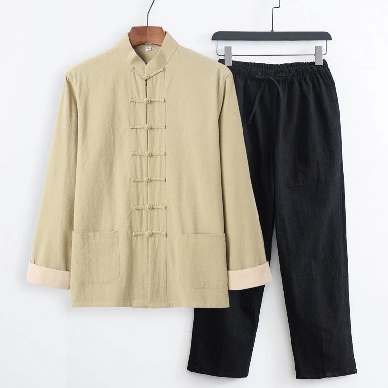 Set da 2 pezzi Buddha Stones Tang Suit da uomo con bottoni a rana, camicia a maniche lunghe in cotone e pantaloni con tasche - Image 21