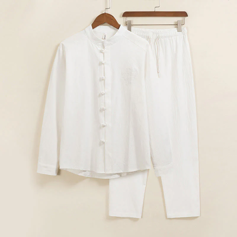 Set da 2 pezzi da uomo in cotone con bottoni a rana, camicia a maniche lunghe e pantaloni con tasche, motivo Buddha Stones - Image 2
