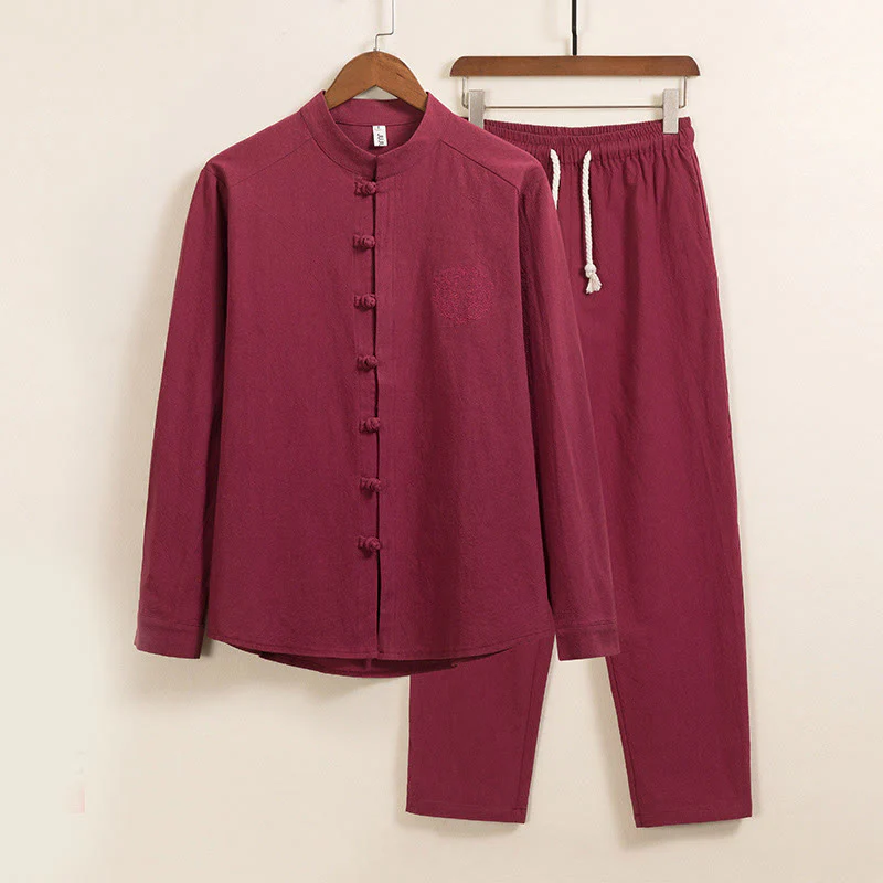 Set da 2 pezzi da uomo in cotone con bottoni a rana, camicia a maniche lunghe e pantaloni con tasche, motivo Buddha Stones - Image 3