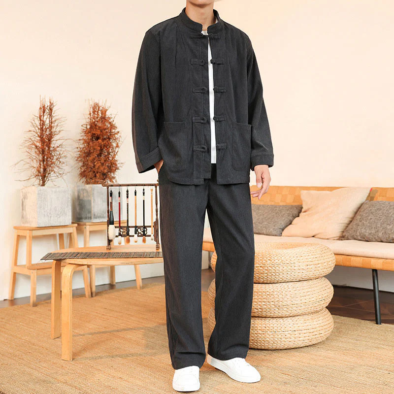 Set da 2 pezzi da uomo in velluto a coste di cotone con bottoni a rana, camicia a maniche lunghe e pantaloni, Buddha Stones - Image 10