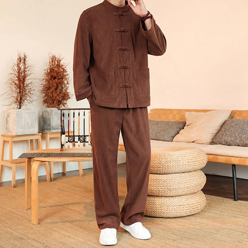 Set da 2 pezzi da uomo in velluto a coste di cotone con bottoni a rana, camicia a maniche lunghe e pantaloni, Buddha Stones - Image 5