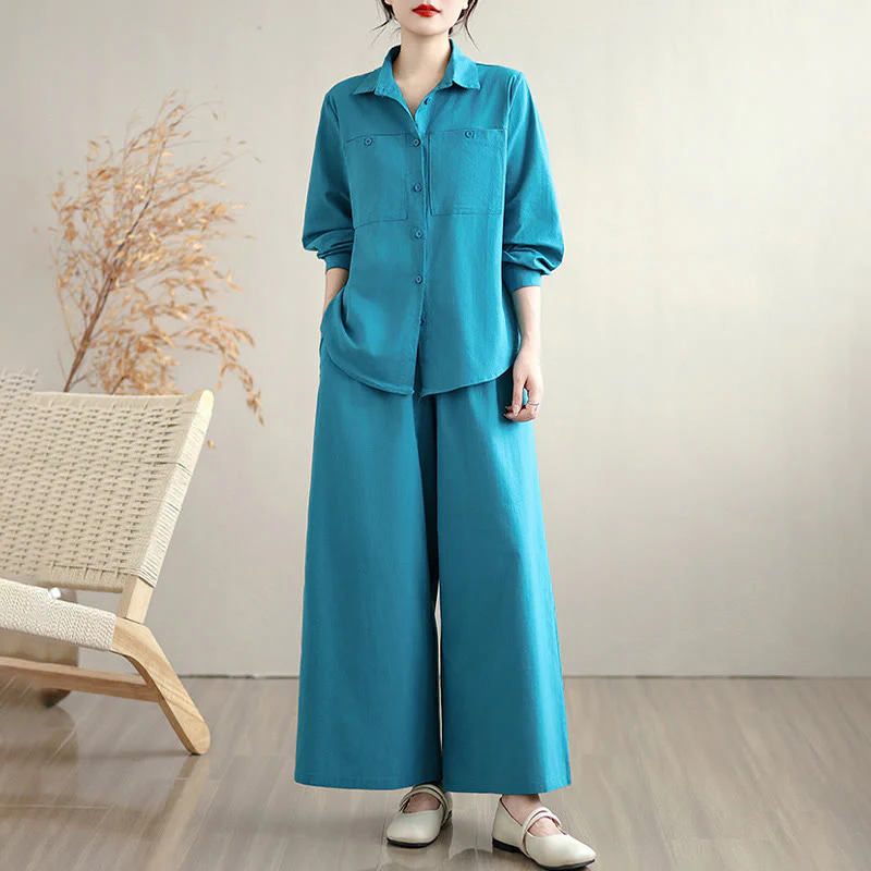 Set da donna Buddha Stones 2 pezzi, tinta unita, in cotone, con bottoni, camicia a maniche lunghe e pantaloni larghi alla caviglia, con tasche - Image 14
