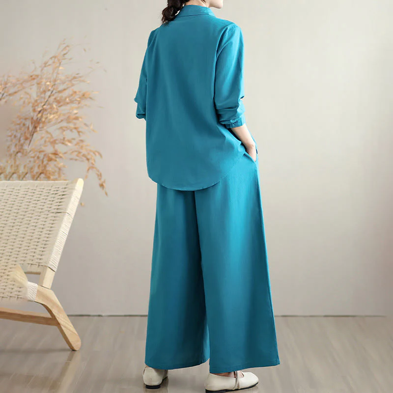 Set da donna Buddha Stones 2 pezzi, tinta unita, in cotone, con bottoni, camicia a maniche lunghe e pantaloni larghi alla caviglia, con tasche - Image 16