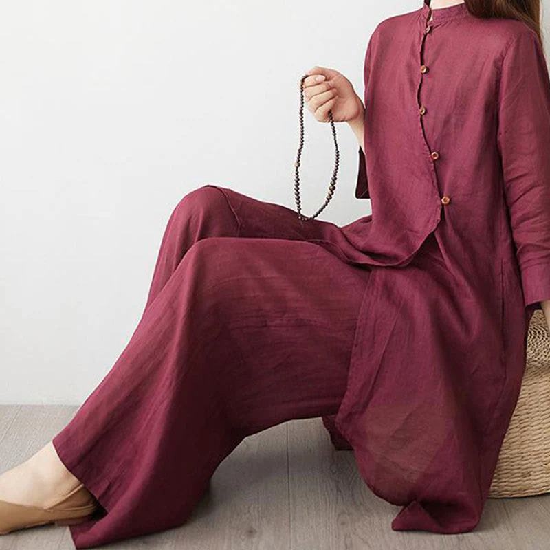 Set da donna casual Buddha Stones, 2 pezzi, semplice, con maniche a tre quarti, colletto obliquo, camicia, pantaloni larghi con tasche, abbigliamento da meditazione Zen Tai Chi - Image 8