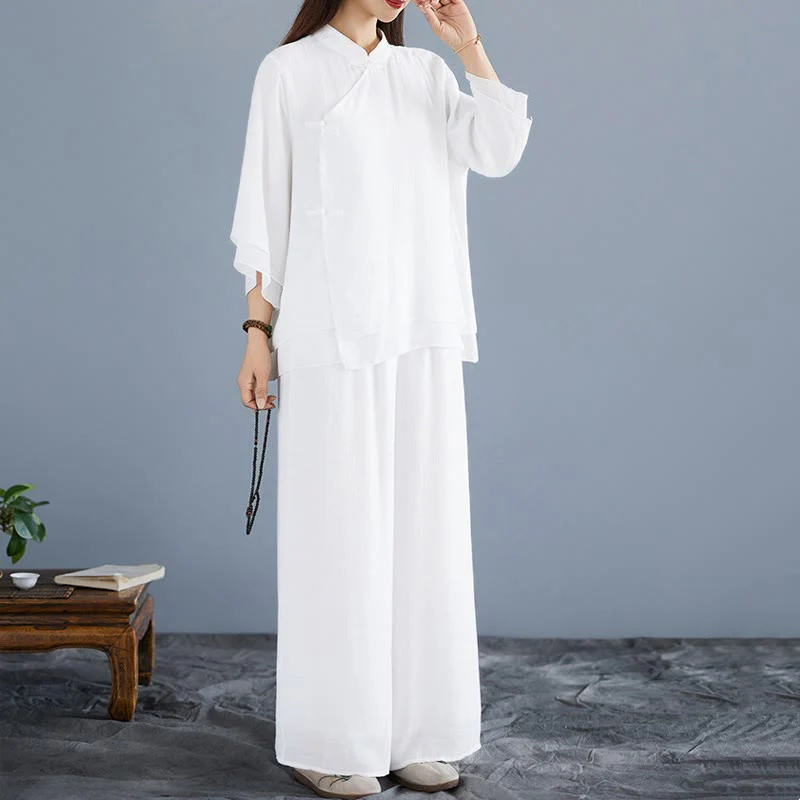 Set da donna di abbigliamento Zen per meditazione, in tinta unita, con maniche a tre quarti, pantaloni larghi e bottoni a rana, motivo Buddha Stones, 2 pezzi - Image 2