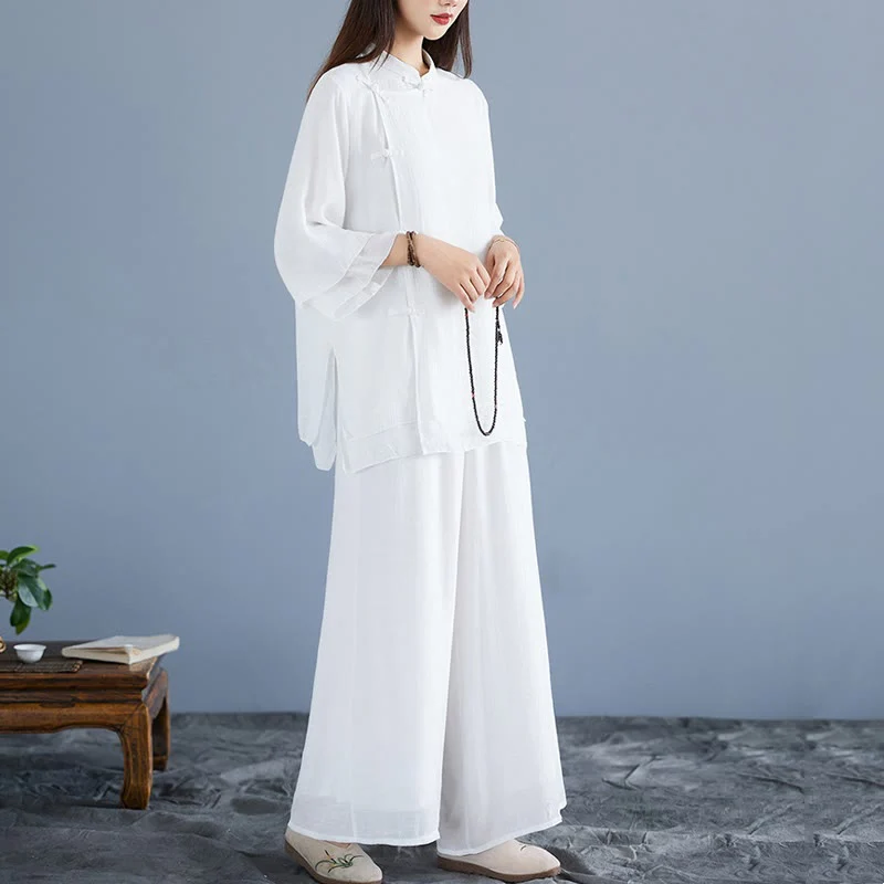 Set da donna di abbigliamento Zen per meditazione, in tinta unita, con maniche a tre quarti, pantaloni larghi e bottoni a rana, motivo Buddha Stones, 2 pezzi - Image 3