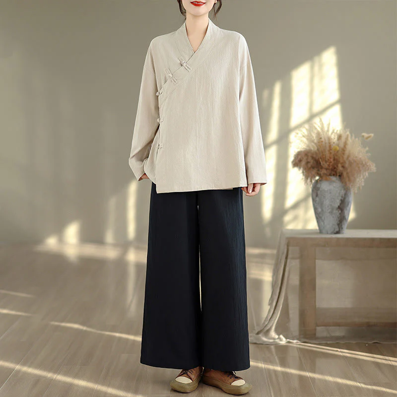 Set da donna per meditazione zen Buddha Stones, 2 pezzi, camicia a maniche lunghe con scollo a V e pantaloni larghi