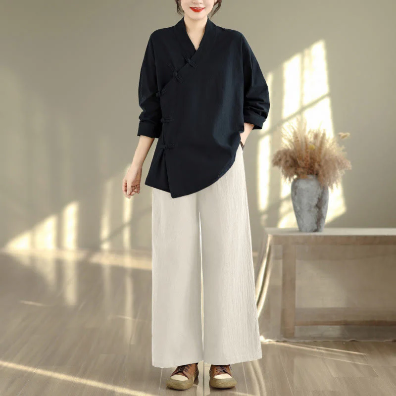 Set da donna per meditazione zen Buddha Stones, 2 pezzi, camicia a maniche lunghe con scollo a V e pantaloni larghi - Image 12