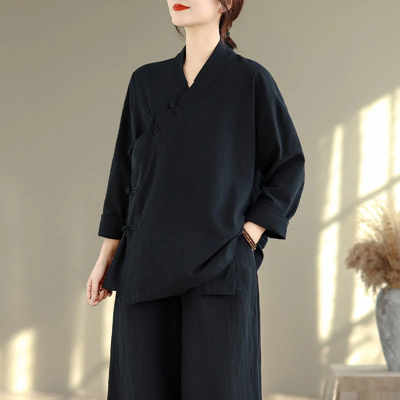 Set da donna per meditazione zen Buddha Stones, 2 pezzi, camicia a maniche lunghe con scollo a V e pantaloni larghi - Image 18