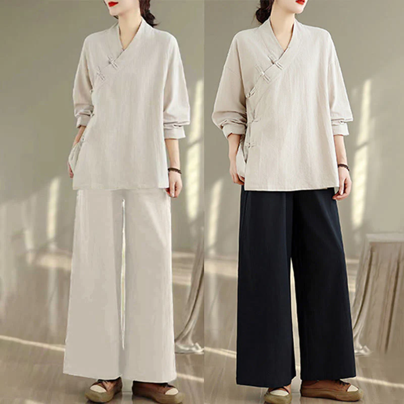 Set da donna per meditazione zen Buddha Stones, 2 pezzi, camicia a maniche lunghe con scollo a V e pantaloni larghi - Image 23