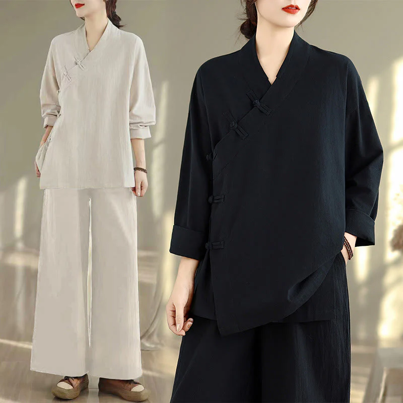 Set da donna per meditazione zen Buddha Stones, 2 pezzi, camicia a maniche lunghe con scollo a V e pantaloni larghi - Image 24