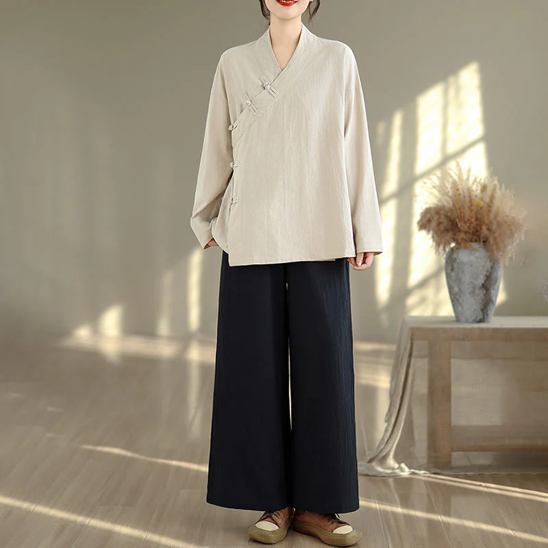 Set da donna per meditazione zen Buddha Stones, 2 pezzi, camicia a maniche lunghe con scollo a V e pantaloni larghi - Image 4