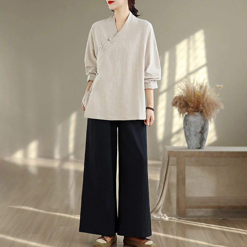 Set da donna per meditazione zen Buddha Stones, 2 pezzi, camicia a maniche lunghe con scollo a V e pantaloni larghi - Image 5